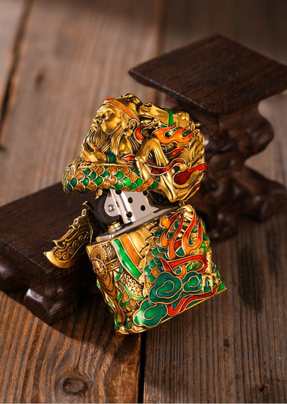 Zippo Lighter Set with Luminous 3D Guan Yu Art Armor Case | Glow-in-the-Dark | Collector’s Edition