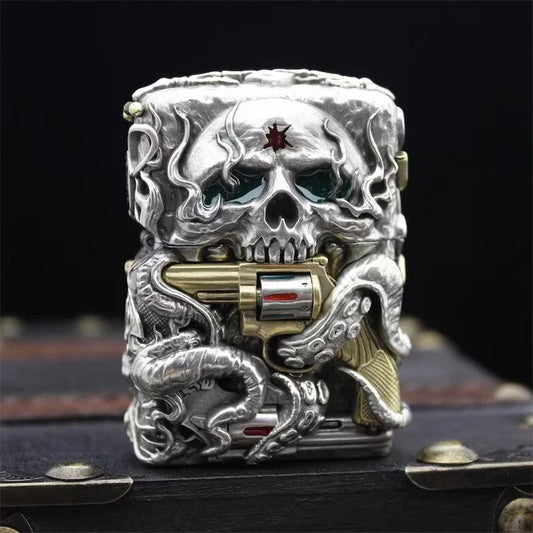 Zippo Armor Lighter with 3D Skull Revolver Luminous Custom Armor Case Set