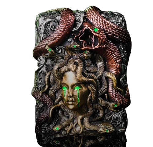 Luminous Medusa Gorgon Custom Armor Zippo Set - Glow-in-the-Dark Mythical Guardian Lighter